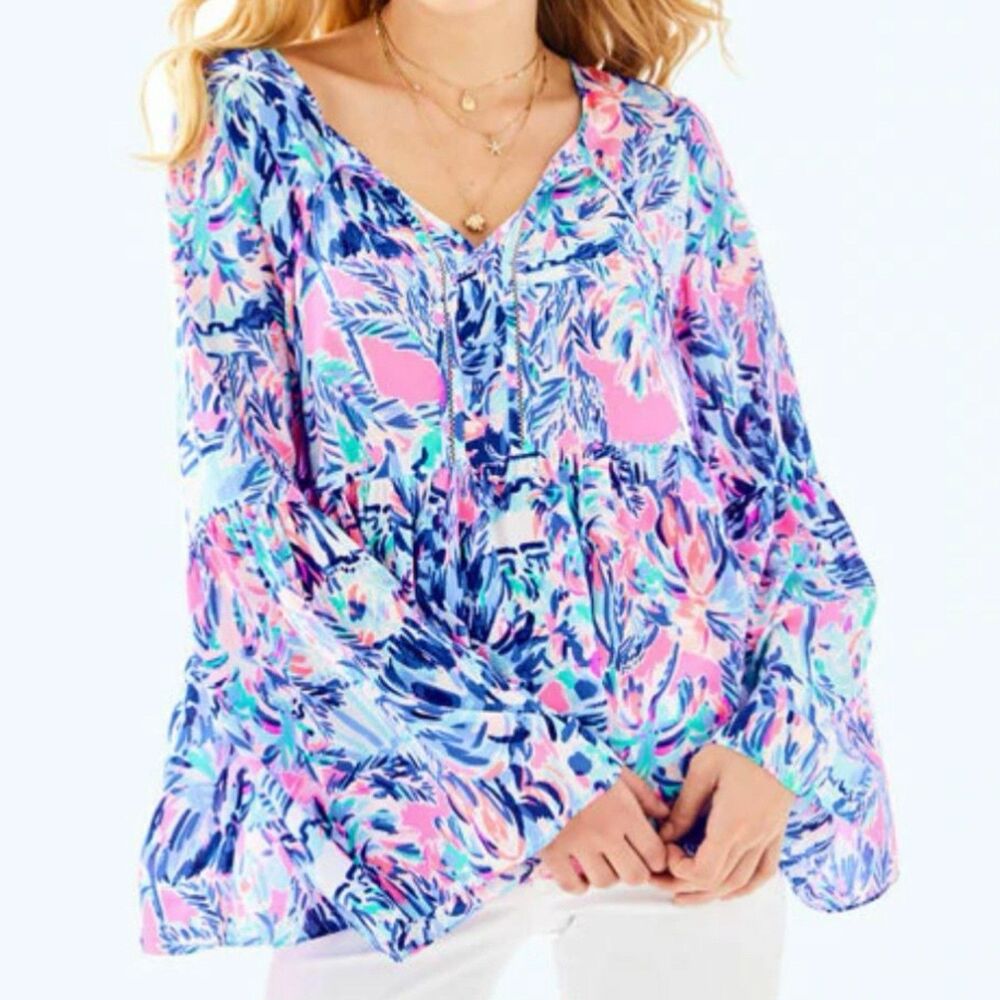 Lilly Pulitzer Women Kahli Top Multi Cabana Cocktail Print Size S Boho Coastal